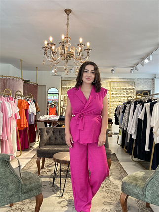 Belden Baglamalı Yelek Pantolon Takım Pembe
