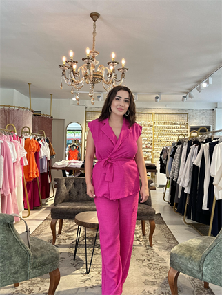 Belden Baglamalı Yelek Pantolon Takım Pembe