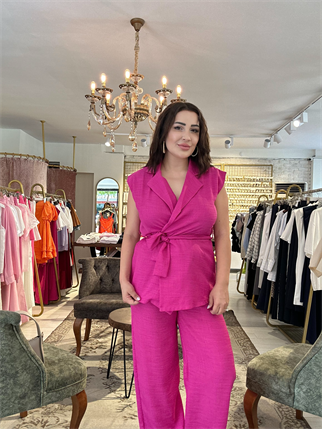 Belden Baglamalı Yelek Pantolon Takım Pembe