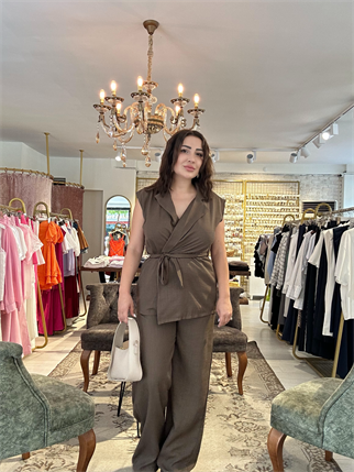 Belden Baglamalı Yelek Pantolon Takım Kahverengi