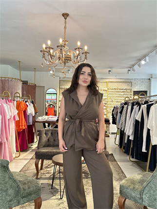 Belden Baglamalı Yelek Pantolon Takım Kahverengi