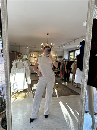 Bluz Pantolon Simli Takım Bej 