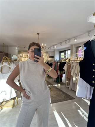 Bluz Pantolon Simli Takım Bej 