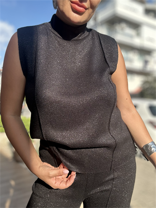 Bluz Pantolon Simli Takım Siyah 