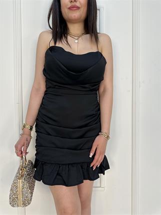 Büzgü Detaylı İp Askılı Elbise Siyah
