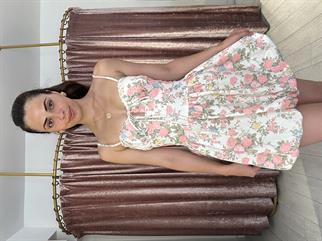 Çiçek Desen Ayarlanabilir Askılı Balon Etek Mini Elbise Bej