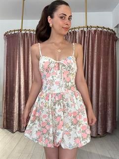 Çiçek Desen Ayarlanabilir Askılı Balon Etek Mini Elbise Bej