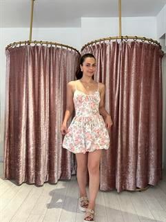 Çiçek Desen Ayarlanabilir Askılı Balon Etek Mini Elbise Bej