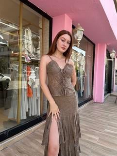 Crop Uzun Etek Takım Ekru