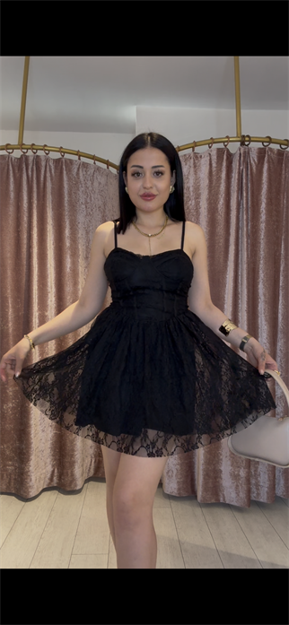 Dantel Detay Gece Elbisesi Siyah