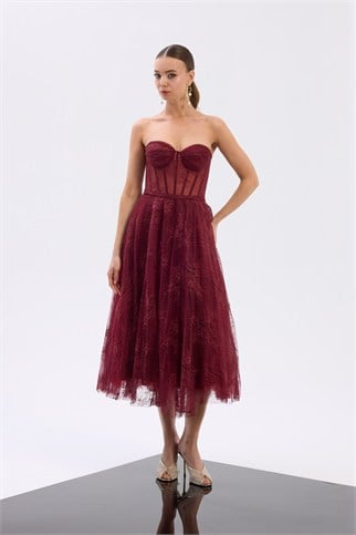 Dantel Detay Midi Straplez Bordo 