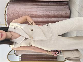 Düğme Detay Yelek Görünümlü Tulum Bej