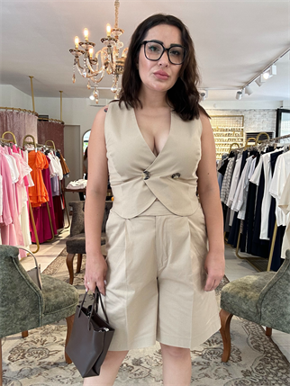 Dügme Yelek Şort İkili Takım Krem