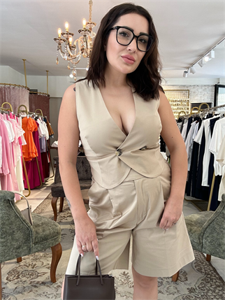 Dügme Yelek Şort İkili Takım Krem