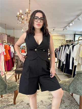 Dügme Yelek Şort İkili Takım Siyah