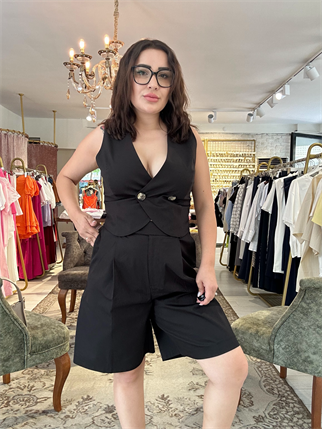 Dügme Yelek Şort İkili Takım Siyah