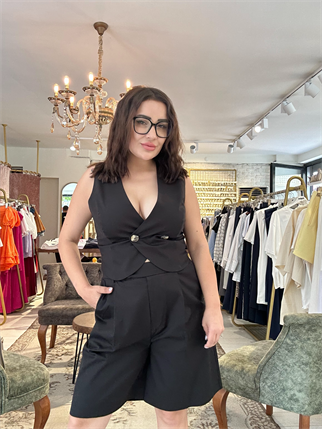 Dügme Yelek Şort İkili Takım Siyah