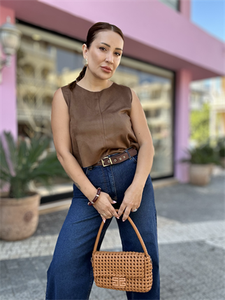 Fermuarlı Süet Bluz Kahve