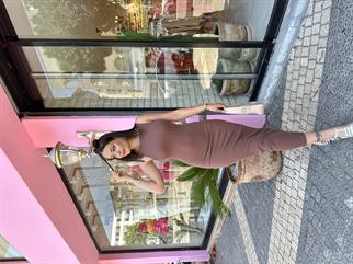 Fitilli Vücudu Saran Uzun Askılı Elbise Kahverengi