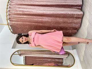 Fiyonk Detay Mini Balon Elbise Gül Kurusu