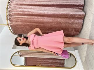 Fiyonk Detay Mini Balon Elbise Gül Kurusu