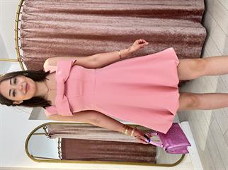 Fiyonk Detay Mini Balon Elbise Gül Kurusu