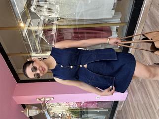 Gold Dügme Detay Denim Takım Mavi