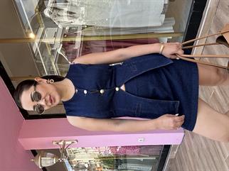 Gold Dügme Detay Denim Takım Mavi