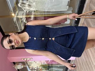 Gold Dügme Detay Denim Takım Mavi