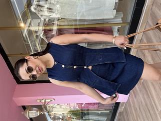 Gold Dügme Detay Denim Takım Mavi