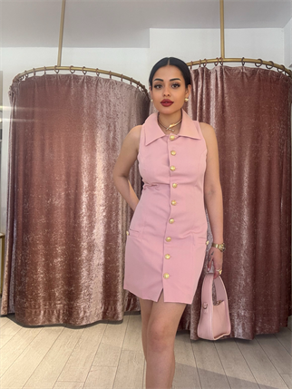 Gold Düğme Detay Elbise Pudra