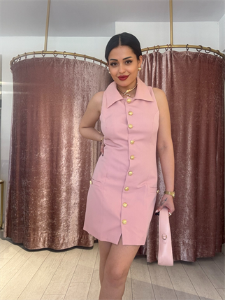 Gold Düğme Detay Elbise Pudra