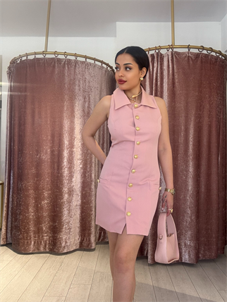 Gold Düğme Detay Elbise Pudra