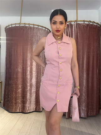 Gold Düğme Detay Elbise Pudra