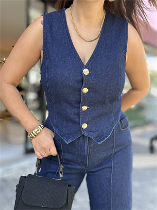 Gold Düğme Detay Yelekli Takım Lacivert 