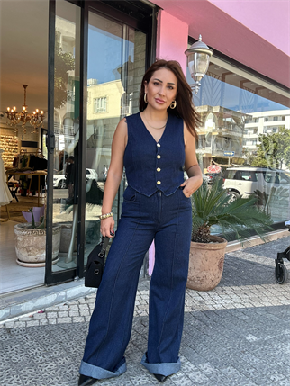 Gold Düğme Detay Yelekli Takım Lacivert 