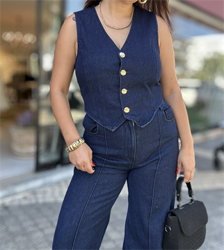 Gold Düğme Detay Yelekli Takım Lacivert 