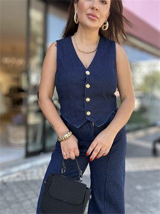 Gold Düğme Detay Yelekli Takım Lacivert 