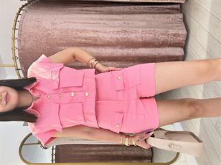 Gold Düğme Detaylı % 100 Pamuk  Takım Pembe