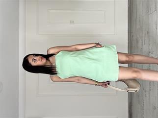 İp Askılı Cep Detaylı Mini Elbise Keten Su Yeşili