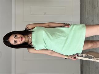 İp Askılı Cep Detaylı Mini Elbise Keten Su Yeşili