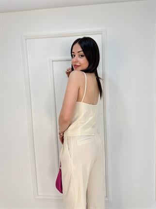 İp Askılı Düğme Detaylı Crop Taş