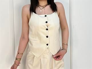 İp Askılı Düğme Detaylı Crop Taş