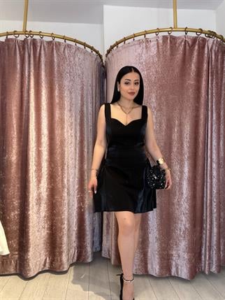 Kalın Askılı Parlak Kumaş Elbise Siyah