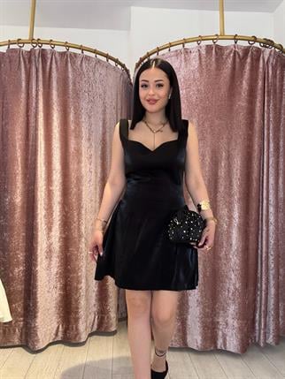 Kalın Askılı Parlak Kumaş Elbise Siyah