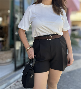 Kemerli Yüksek Bel Şort Siyah 