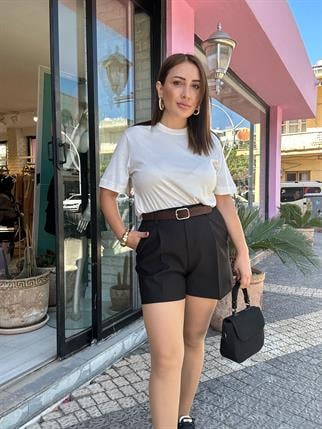 Kemerli Yüksek Bel Şort Siyah 