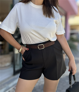 Kemerli Yüksek Bel Şort Siyah 