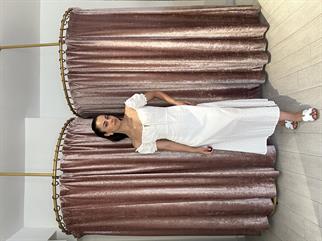 Kendinden Desenli Balon Kol Uzun Elbise Beyaz