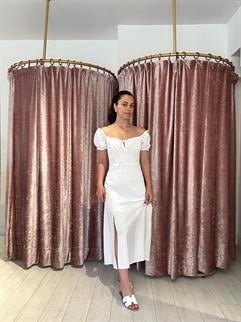 Kendinden Desenli Balon Kol Uzun Elbise Beyaz